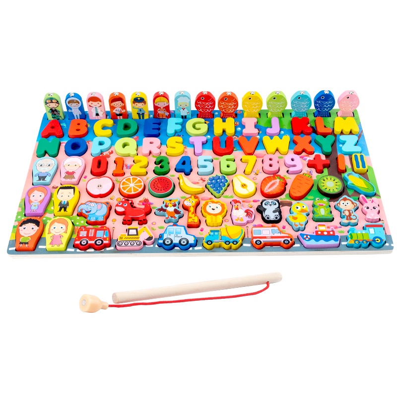 TweedyToys - Montessori Puzzle 9 in 1 / Puzzle Kayu Huruf dan Angka Pancing Ikan