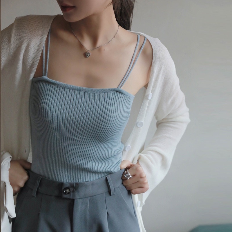 T962 • Korea Knit Tanktop Two Straps Import • Singlet Rajut Inner Fashion Wanita-Grey