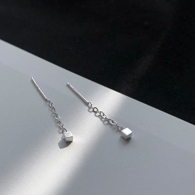 Magic789 Korea Kecil Perak Persegi Rumbai Rantai Menjuntai Anting Untuk Wanita Gadis Temperamen Geometris Drop Earrings Perhiasan Telinga Sederhana