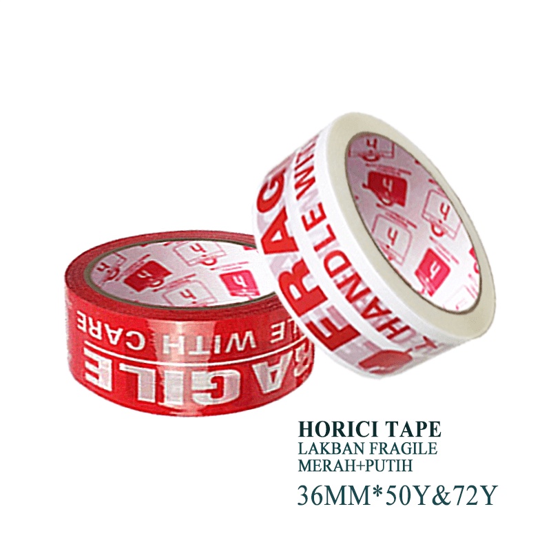 HORICI TAPE 36MMx50Y lakban Fragile Jangan di banting Isolasi Mudah Pecah Belah Aneka varian termurah satuan