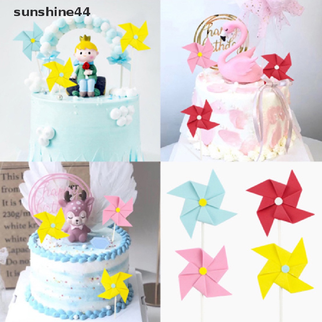 Sunshine 3pcs Topper Kue Ulang Tahun Bentuk Kincir Angin 3D Bahan Kertas Foam Warna-Warni