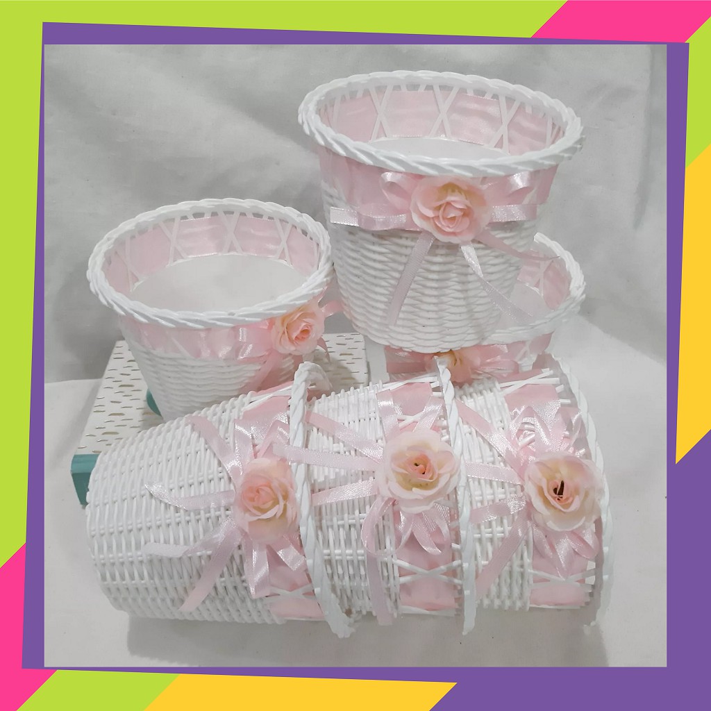 148 [Grosir] Pot bunga plastik motif rotan pita pink / Pot bunga tanaman Artificial 8819