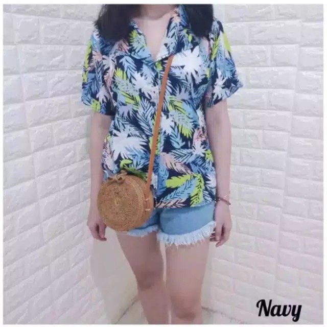 HFS - LUIINA MOTIF ASLI // kemeja hawai pastel daun // kemeja wanita