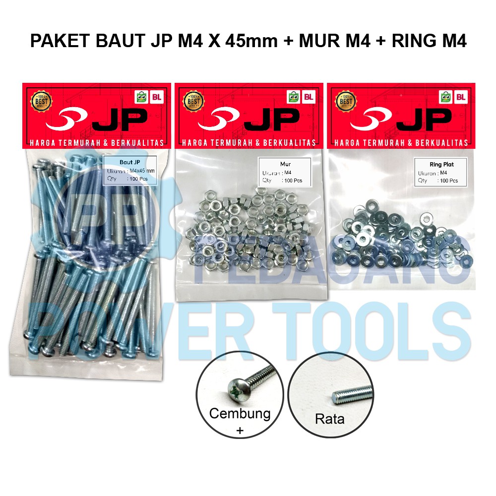 PAKET 3 SET JP M 4x45 BAUT MUR RING PLAT M 4 x 45 MUR M4 ISI 100 PCS