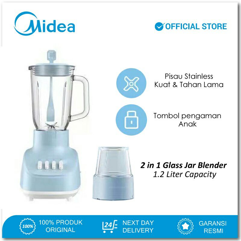 Midea blender kaca 1.2 liter 2in1- BL6008BW blender dan grinder (dry mill))