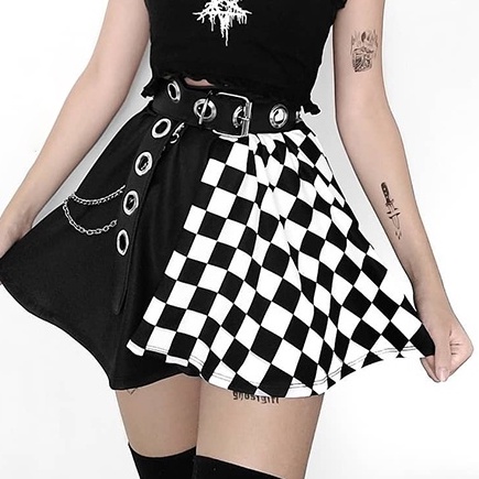 [Goth Story] Mini Skirt Sexy Gothic Plaid Chess Pattern Rok Pendek Hitam Motif Catur 8593 (S/M/L)