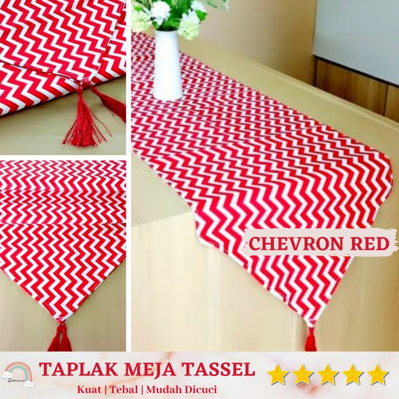 TAPLAK MEJA RUANG TAMU MINIMALIS TABLE RUNNER KAIN KANVAS ALAS MEJA MAKAN SET PANJANG CHEVRON RED