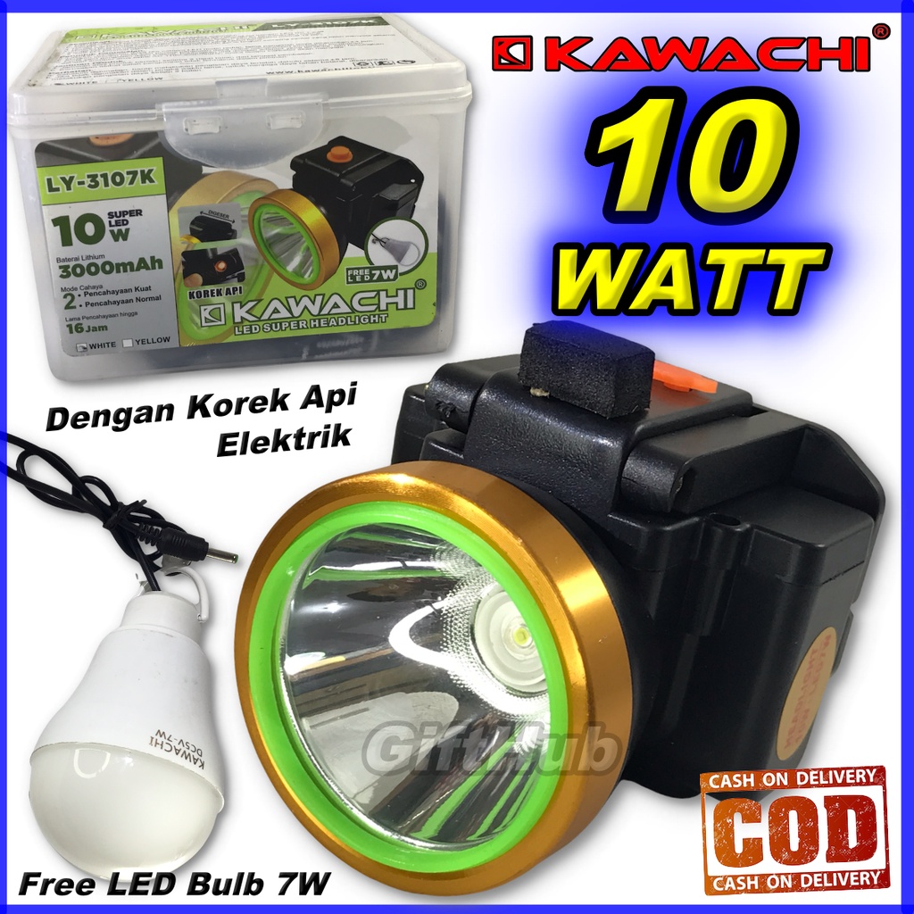 Kawachi Senter Kepala 10w 10 Watt LY 3107K 10Watt Free Bulb LED 7W + Mancis Elektrik Super LED Bater