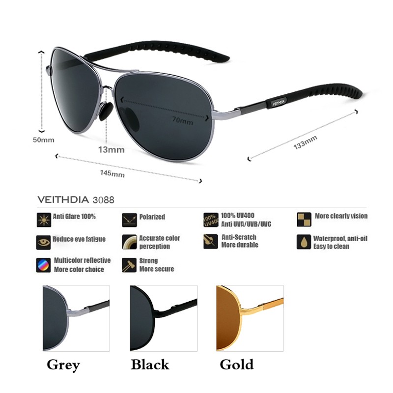 Veithdia 3088 Kacamata Hitam Pria Pilot Aviator Sport dan Travel Polarized Sunglasses Free Hardcase