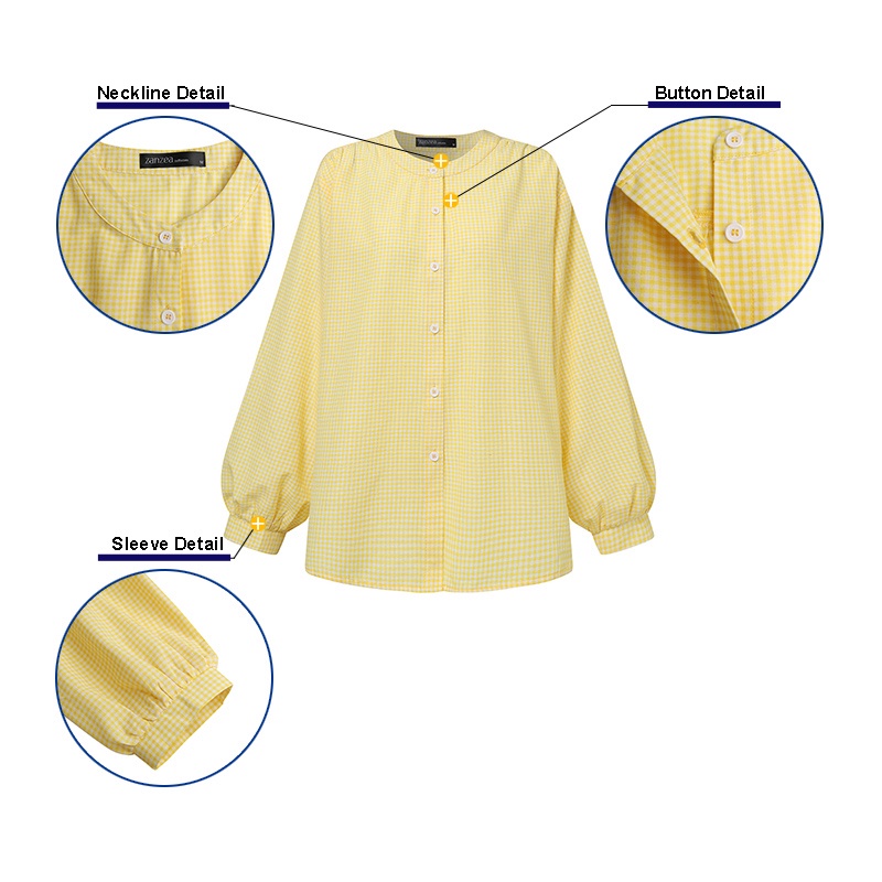 ZANZEA Women Button Down Front Long Sleeve Casual Grid Printed Blouse