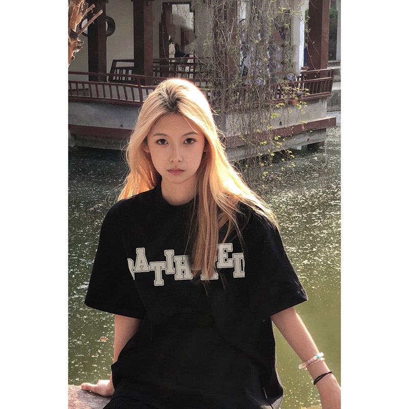 EUNII T-shirt Lengan Pendek Manis Modis Bahasa Inggris Pencetakan Longgar Korean Style EUNII T-shirt Lengan Pendek Mode Usungan Jenazah Pencetakan Longgar Korean Style/Kaos Atasan Wanita/Baju Kaus Oversize Wanita