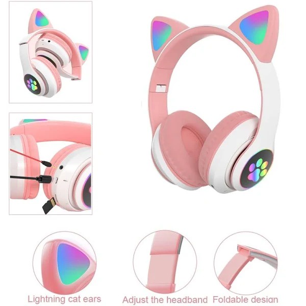 Headphone Bluetooh Bando Cute Cat Ear STN-28 Macaron Model Telinga Kucing LED