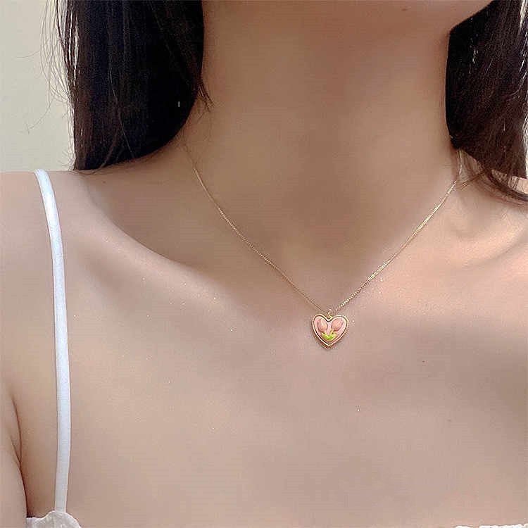 Kalung Anting Manik-Manik Bunga Tulip Warna Pink Gaya Korea Untuk Wanita