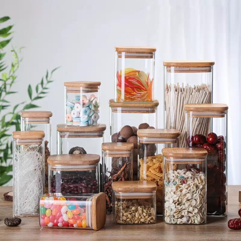 toples kotak makanan dapur / square food storage jar bamboo lid kitchen seasoning spaghetti / tempat penyimpan makanan / toples bambu cemilan spageti pasta