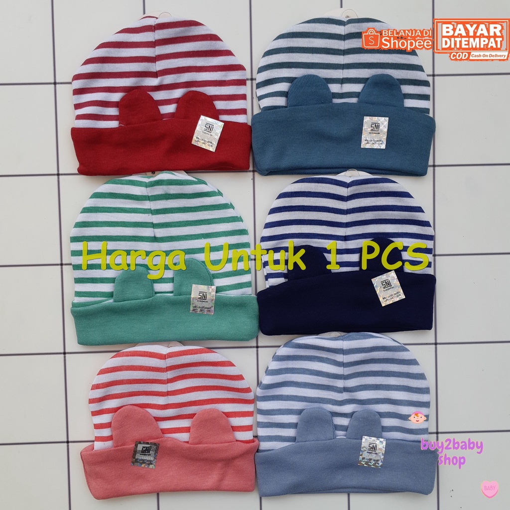 Topi kupluk bayi motif salur &amp; fruit warna karakter NIA 0-3 Bulan 1 PCS