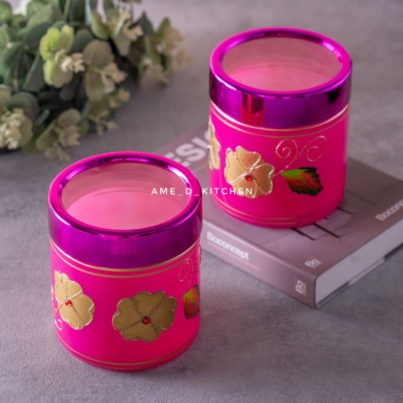 Toples bijian kaca lebaran merah motif bunga gold