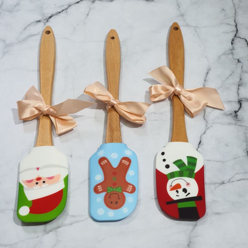 wooden xmas character silicone spatula / spatula gagang kayu gambar natal