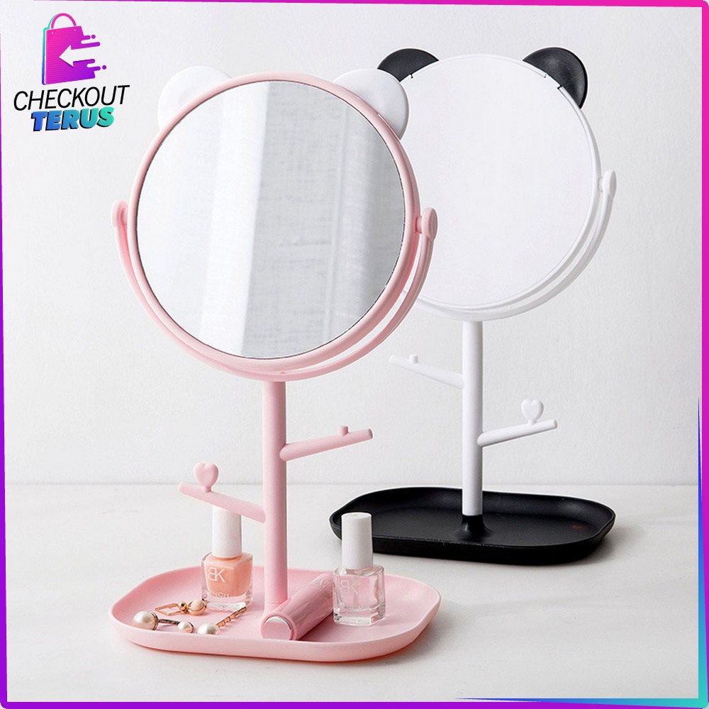 CT K91 Kaca Meja Rias Bulat Lucu Serbaguna Motif Telinga Panda Cermin Standing Mirror Makeup Desktop Rotating