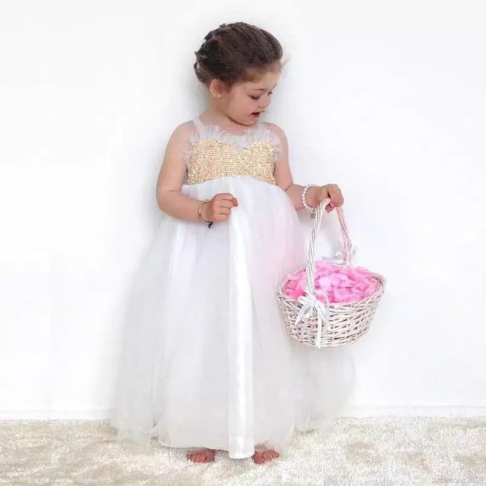 Dress Princess Gaun Pesta Anak Hiasan Sequin Halterneck Ball Gown