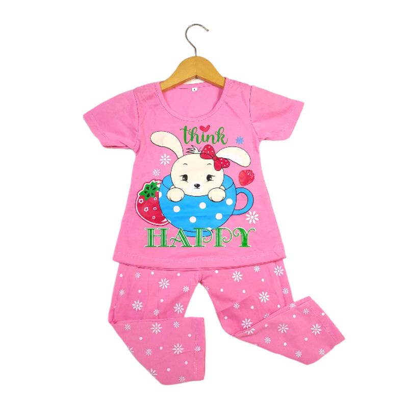 SETELAM SIKUNING PAKAIAN BAJU ANAK PEREMPUAN 2-7 TAHUN MOTIF BUNNUY HAPPY LENGAN PENDEK CELANA PANJANG