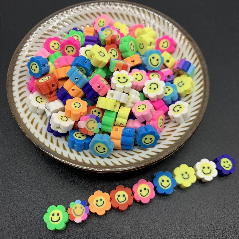 50Pcs / Lot Manik-Manik Spacer Bentuk Bunga Matahari Senyum Bahan Polymer Clay 10mm Untuk Membuat Perhiasan Handmade DIY