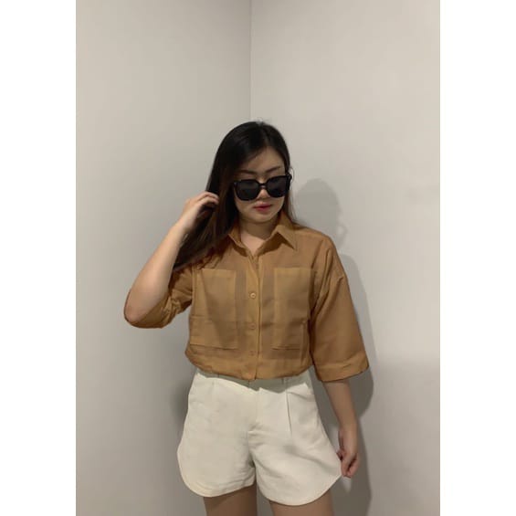 Atasan Kemeja Blouse Top Wanita Crop Linen  Premium Amanda Terbaru Kekinian