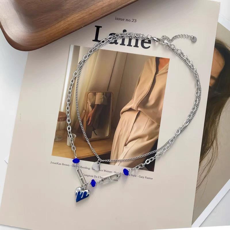 Klein Kalung Rantai Ganda Dengan Liontin Hati Warna Biru Untuk Wanita