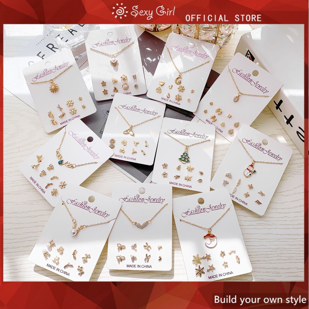 Set Kalung Rantai + Anting Tusuk Sexy Gaya Korea Motif Natal Untuk Perhiasan Wanita