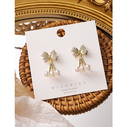 LRC Anting Tusuk Fashion Gold Color Bowknot Pearl And Diamond P33303