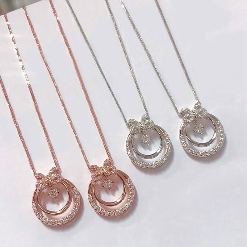 Kalung Rantai Liontin Lingkaran Ganda Hias Cubic Zirconia Bling Untuk Wanita