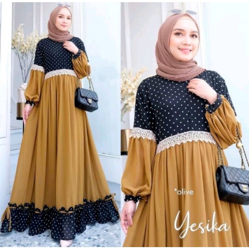 Dress Yesika Maxi Gamis Full Ceruti Babydol Lapis Furing Kombi Renda Bordir Mewah Adem Nyaman Dipakai