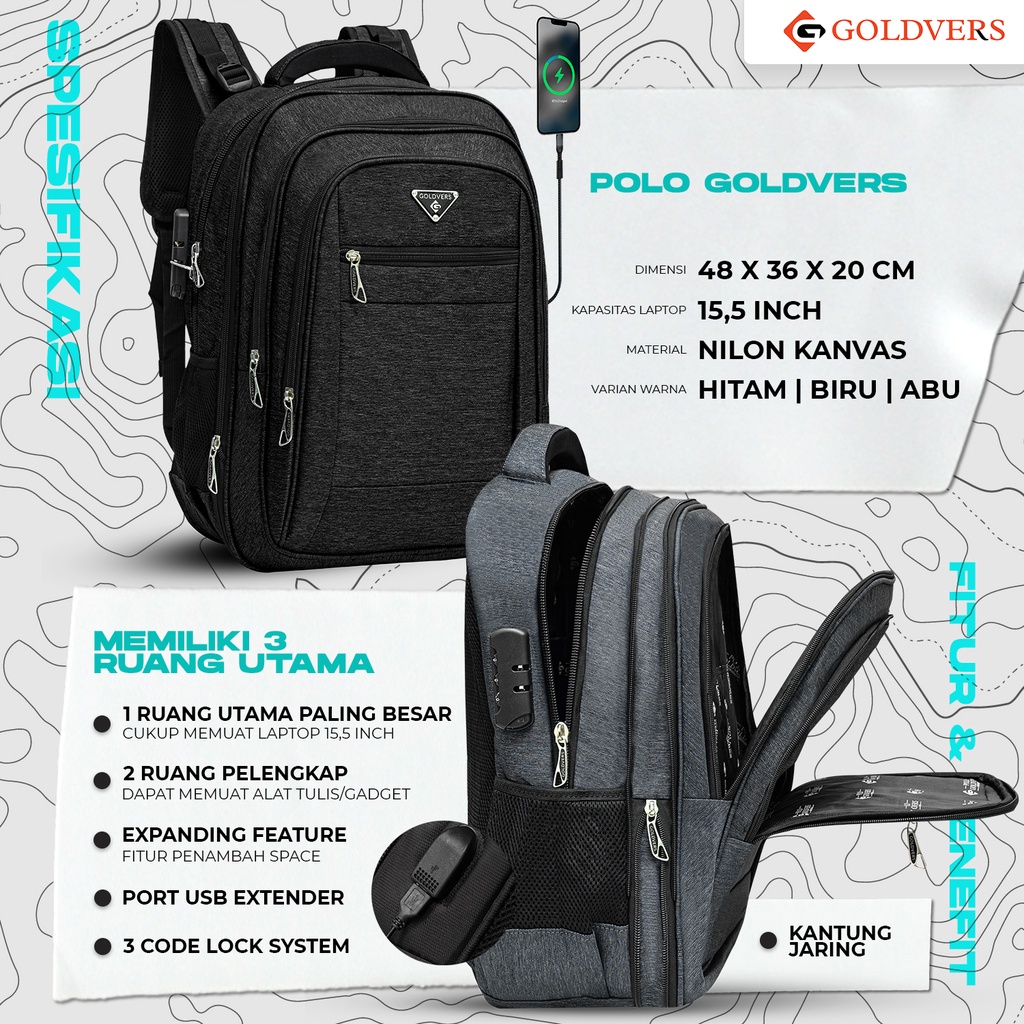 Tas Ransel POLO Backpack Kerja Kantor Kuliah  Tas Laptop bisa Expanding Warna Biru