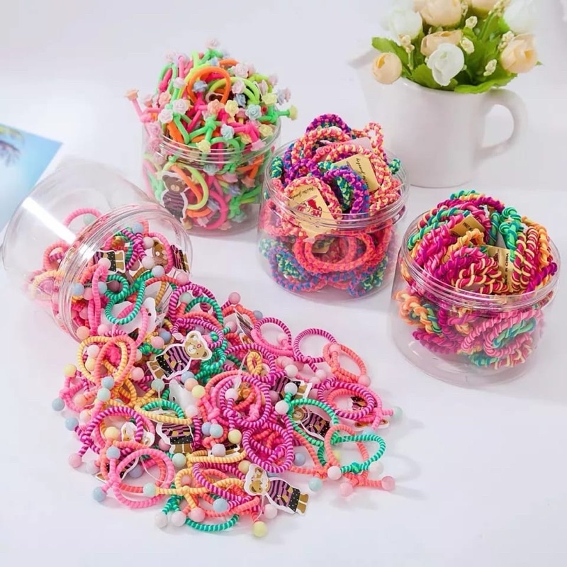 20 Pcs !!! Karet Rambut Ponytail Elastis Warna-Warni Ukuran 3cm Untuk Anak / Ikat Rambut Motif / Kuncir Rambut Elastis aksesoris Rambut Anak