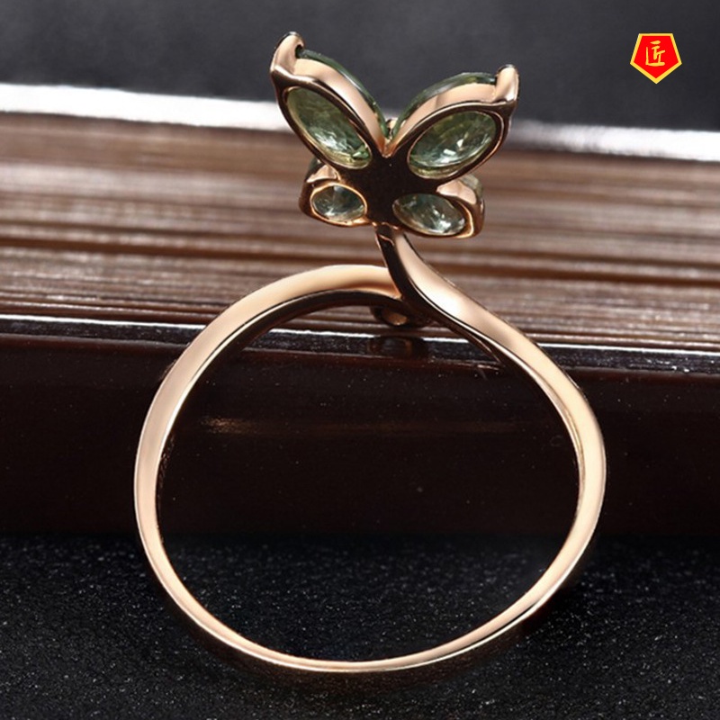 [Ready Stock]Rose Gold Green Crystal Butterfly Ring Simple Elegant Temperament