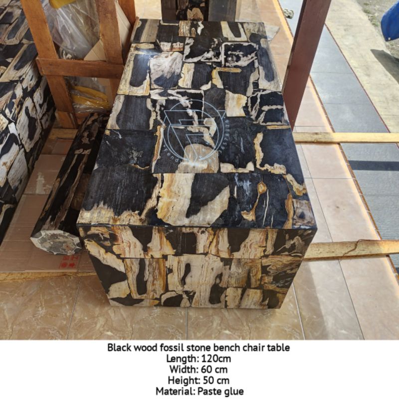 Kursi bangku meja batu fosil kayu hitam tempel P.120 L.60 T.50 free ongkir jawa