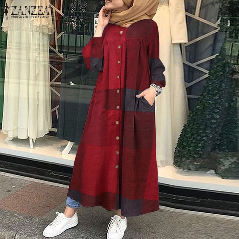 ZANZEA Women Muslim Long Sleeve Plaid Printed Casual Long Dress