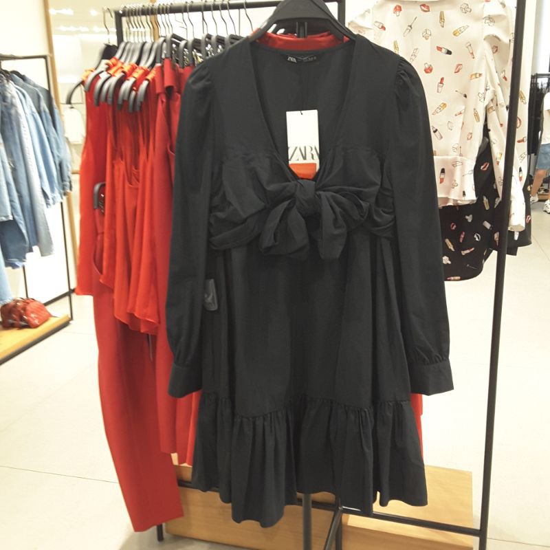 ZARA ORI DIJAMIN ASLI SALE 80% FREE JASTIP Midi Dress Katun Linen Satin Hitam Polos Lengan Panjang