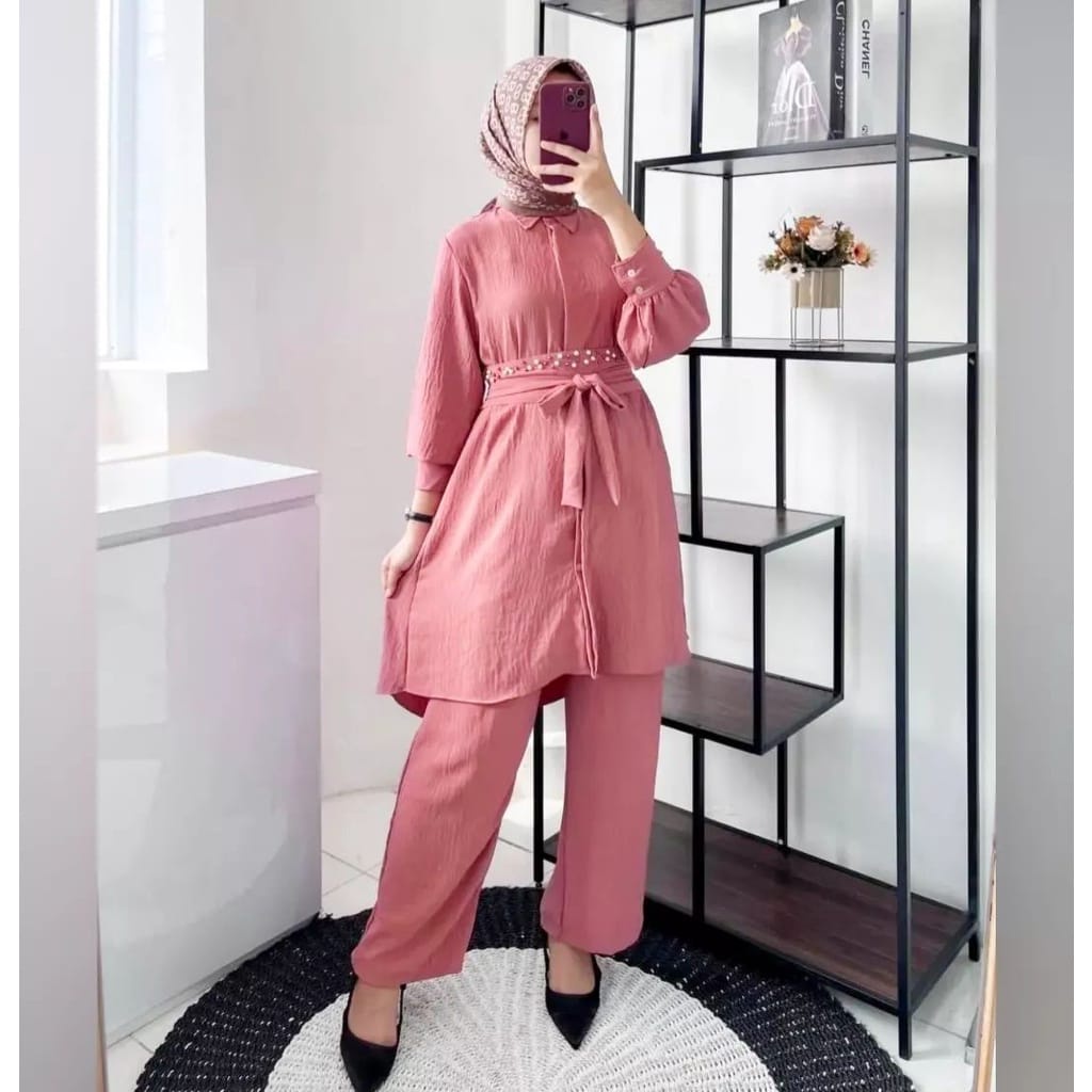 Rhesa Set Baju Wanita Setelan Tunik Dan Celana/Setelan Wanita Terbaru Bahan Crinkle One Set Jumbo