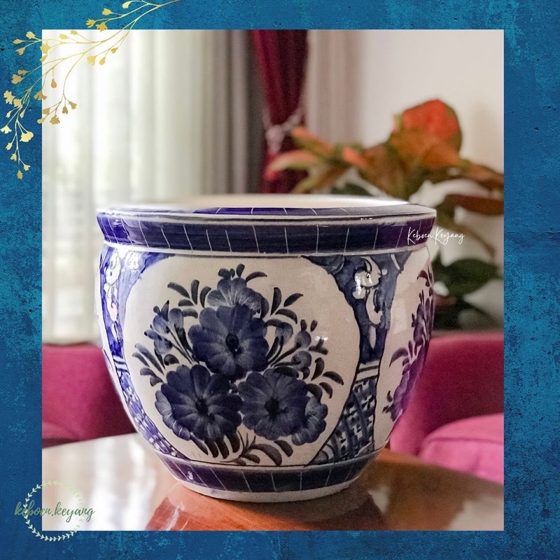 Pot Keramik Putih Biru BESAR/Keboen Keyang/ Diameter 36 tinggi 32