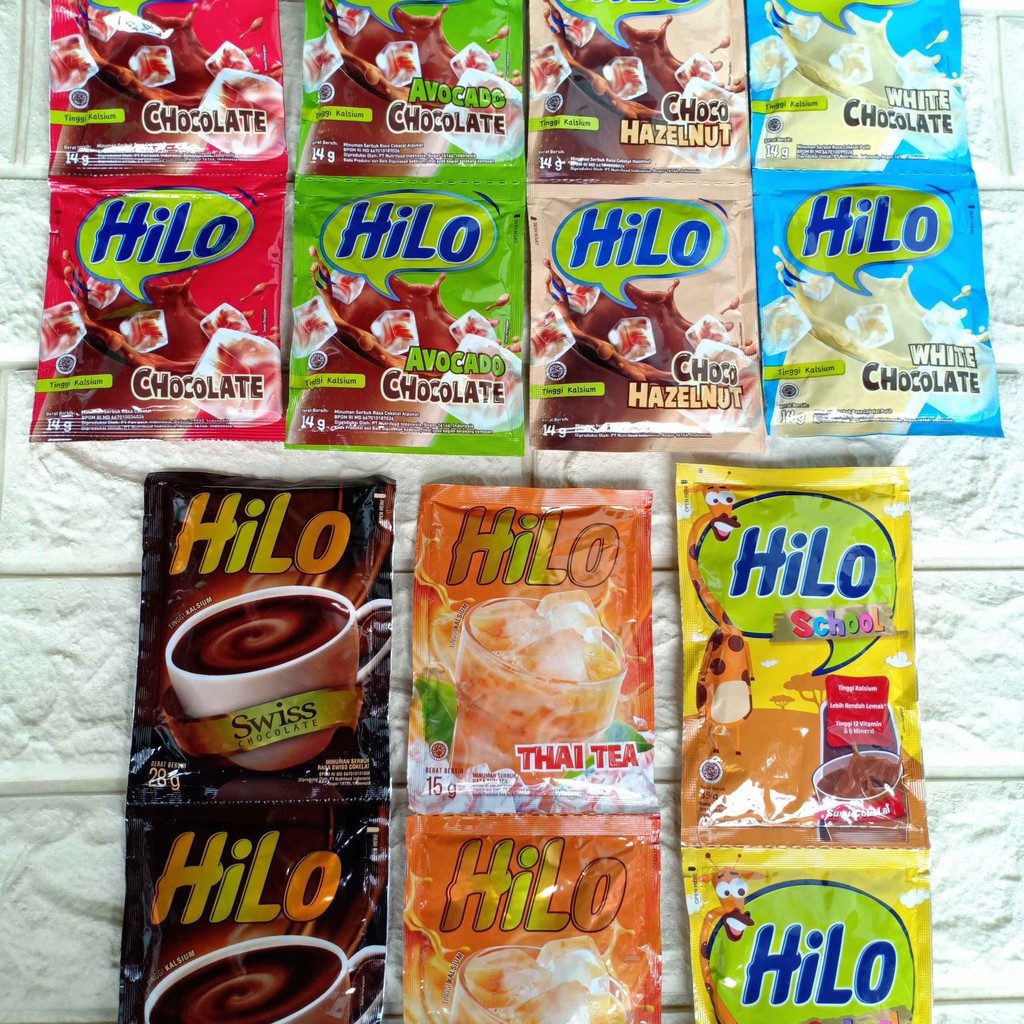 Hilo Sachet Susu White Avocado Chocolate Choco Hazelnut Swiss School Coklat Thai Tea Es Teler Ketan Hitam 14gr