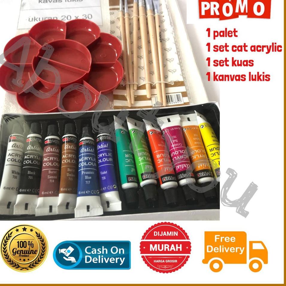 

[KODE Q585] PAKET LUKIS KOMPLIT 4 in 1 KANVAS Besar Cat Akrilik Palet Kuas Set Melukis Lengkap