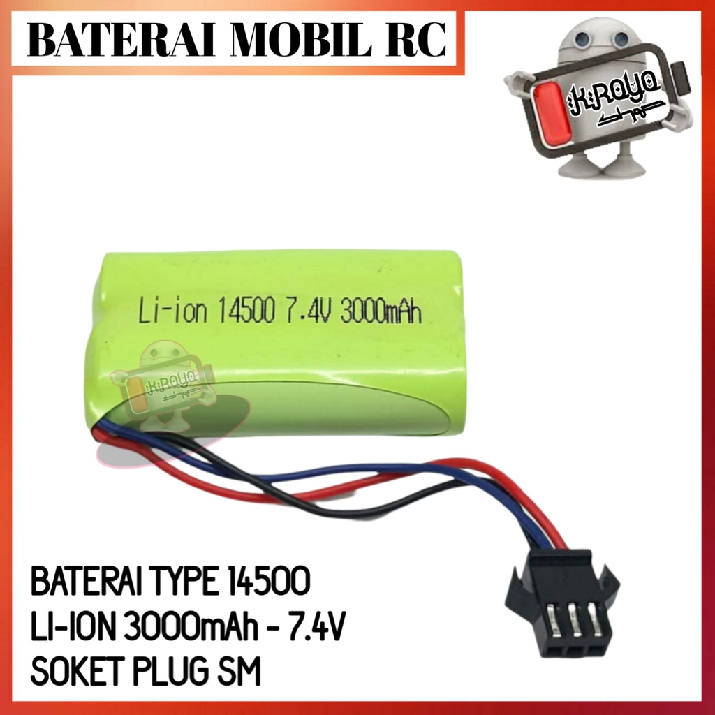 Baterai Mobil RC Type 2x LI-ION 14500 Soket Hitam 3Pin 7.4Volt - 3000mAh