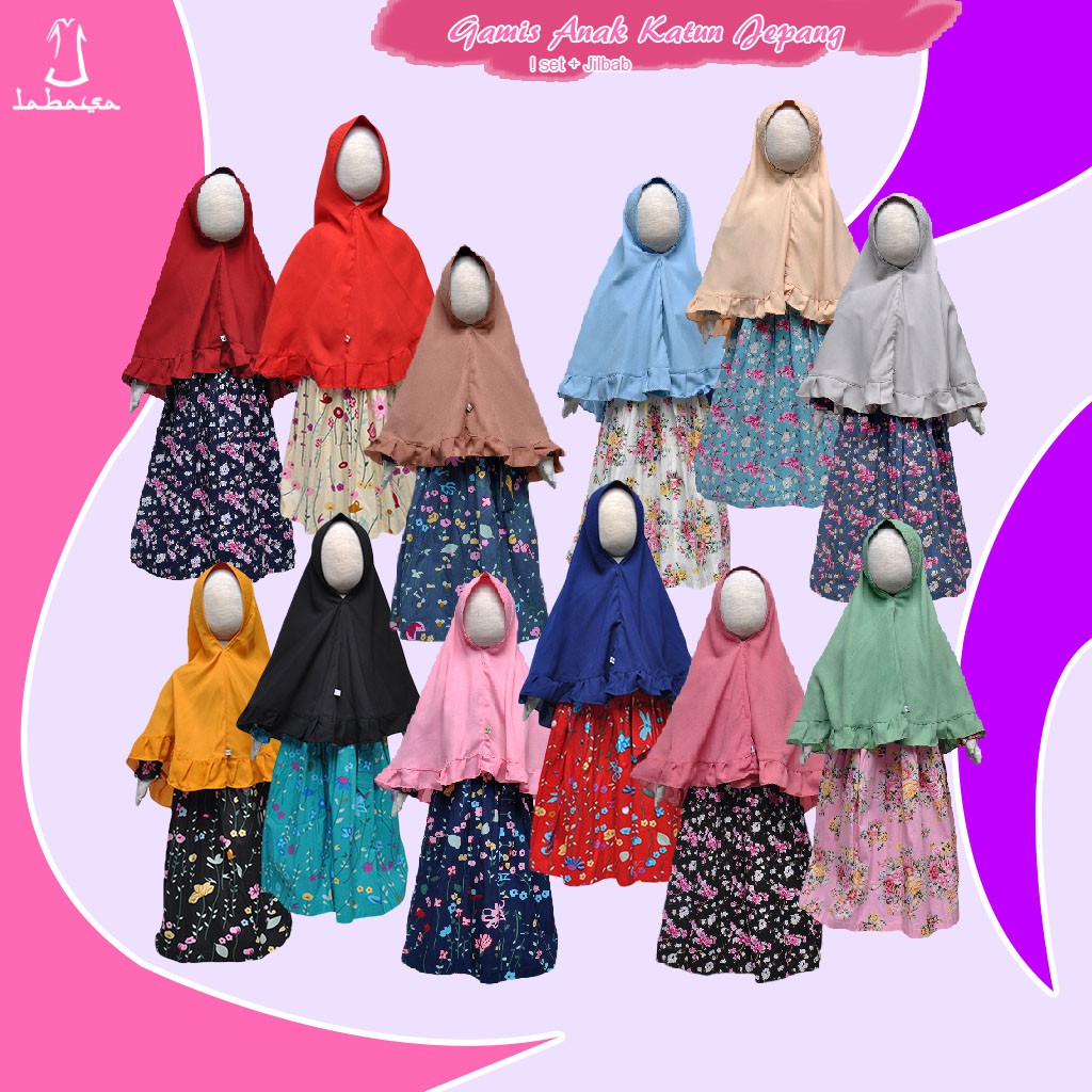 Gamis Anak Perempuan Katun Jepang Set Jilbab 3 - 7 Tahun Aneka Warna Labasa Original Bisa COD