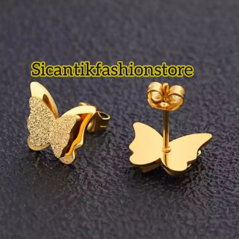 Anting Titanium Tusuk Model Kupu-kupu Gold Fashion Wanita Terlaris Anti Karat Anting Wanita Terlaris