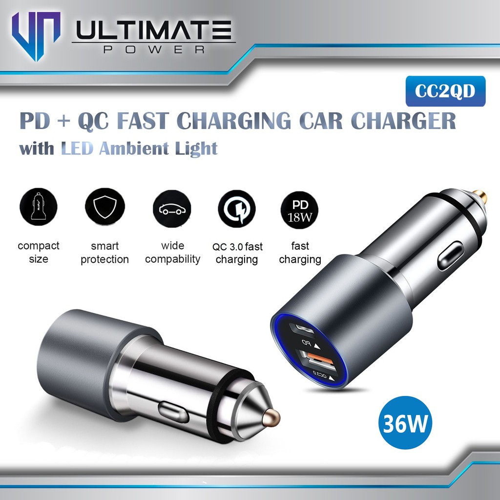 Ultimate Power 36W PD+QC Fast Charging Car Charger with LED Ambient Light original100%asli