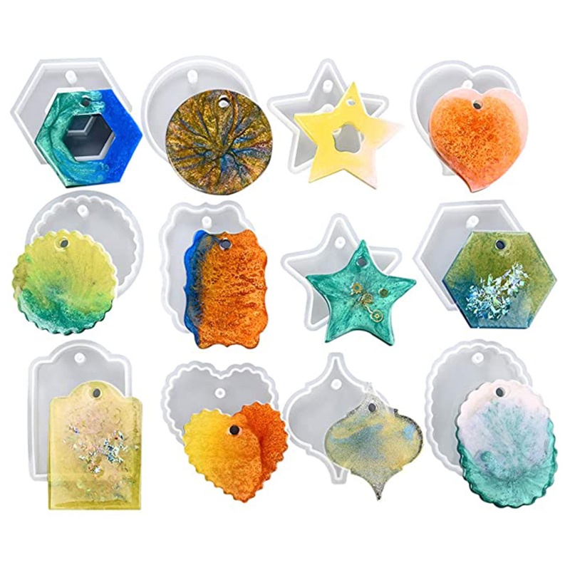 SIY  12Pcs/Set Crystal Epoxy DIY Resin Mold Keychain Geometry Pendant Silicone Mould