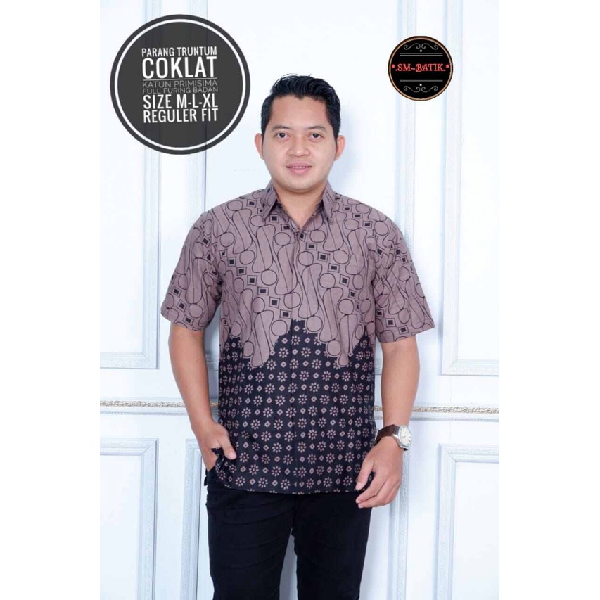 Batik pria lengan pendek terbaru 2022 warna cokelat / hem batik pendek warna coklat hitam / batik lengan pendek terbaru 2022 / kemeja batik pendek terbaru TRUNTUM COKLAT