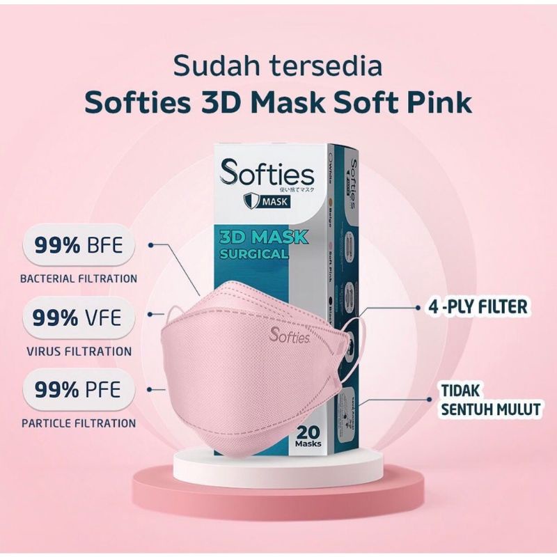 5PCS DAN 20PCS MASKER KF94 DEWASA MEDIS SOFTIES 4PLY EARLOOP WARNA PUTIH PINK 3D SURGICAL MASK