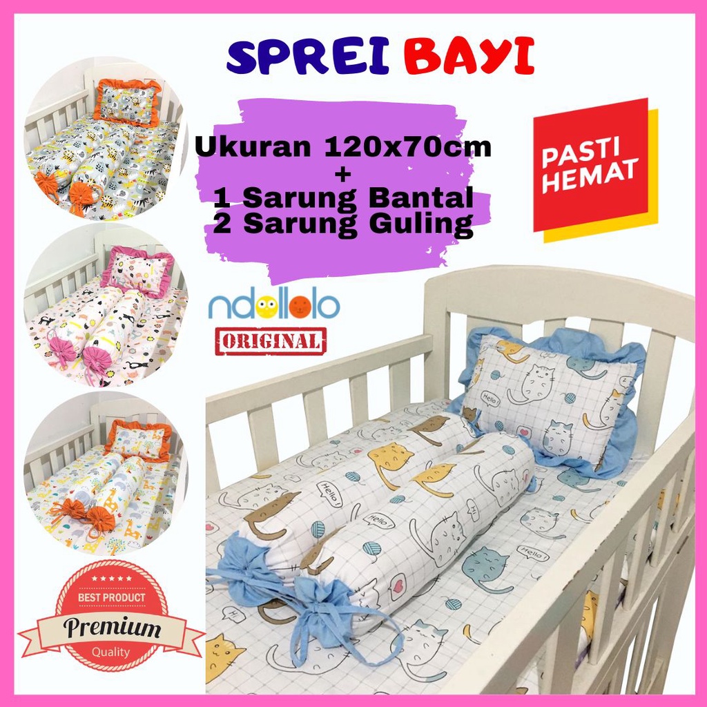 SPREI BAYI Murah Polos Karakter Kain Lembut Baby Ukuran 120 x 70 Set Sarung Bantal dan Guling Bisa Custom Dengan Karet di Tiap Sudut Untuk Persiapan Bayi Baru Lahir Newborn Merek Ndollolo