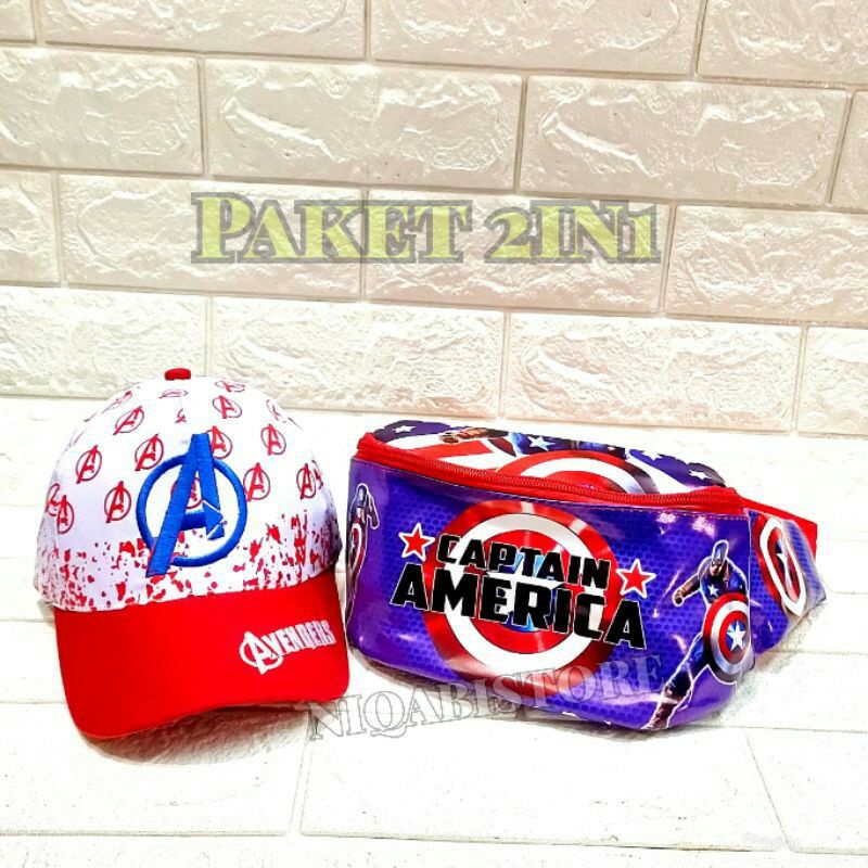 paket 2in1 topi anak tas selempang anak topi anak bordir full print avenger